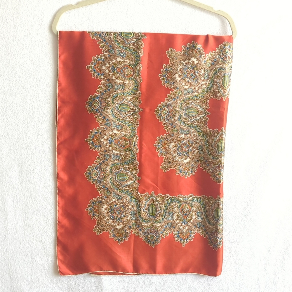 Orange Tan & Blue Hand Rolled Square 100% Silk Scarf